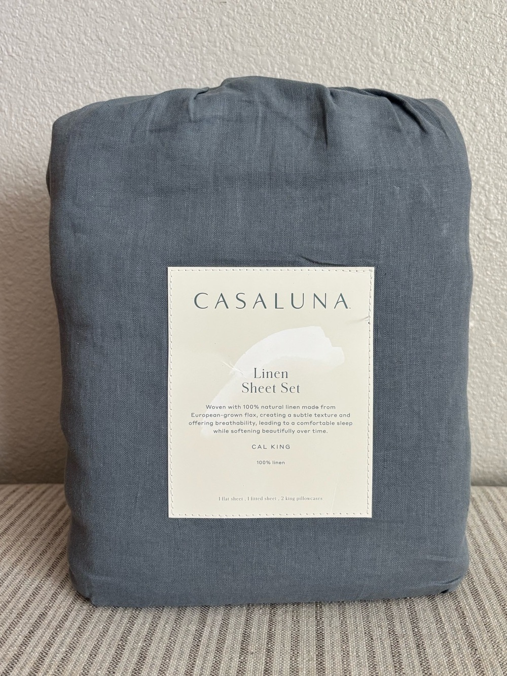 NWT California King 100% Linen Sheet Set Mineral Blue - Casaluna
